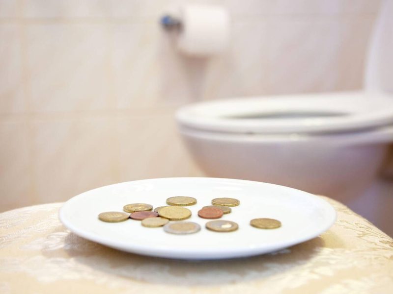 Detail mincí na talíři. Toaleta – spropitné – poplatek. Toaleta – koupelna – toaleta v pozadí