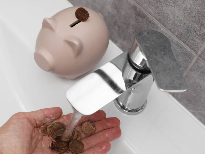 Koncepce úspory vody. Žena s mincemi pod tekoucí vodou v koupelně.